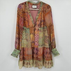 Alexis Dress Womens Medium Multi Patchwork Paisley Ruffle Lined Long Sleeve Boho